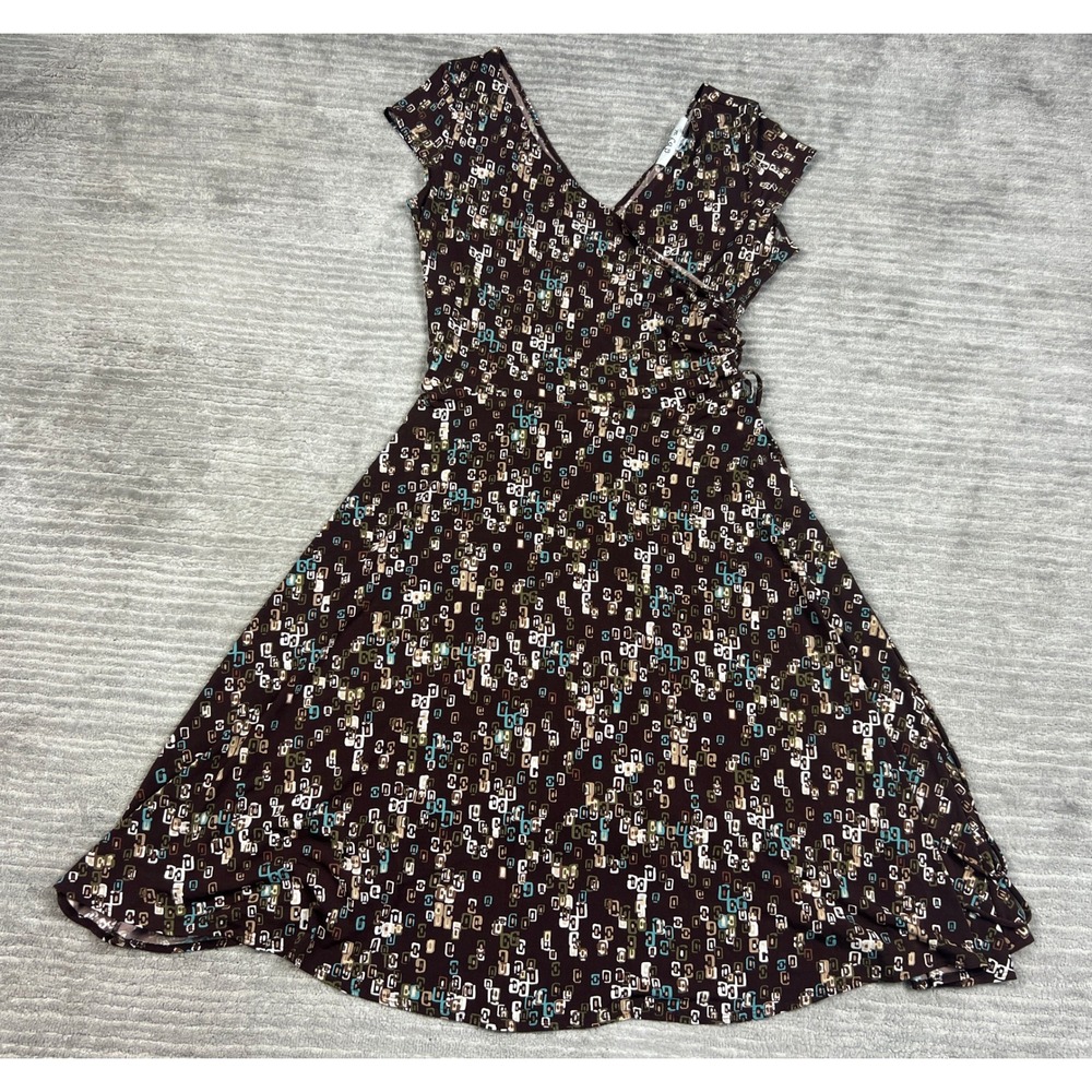 dBy Ltd Dress Womens‎ 8 Brown Geometric Cap Sleeve Wrap A-Line V-Neck 9672960